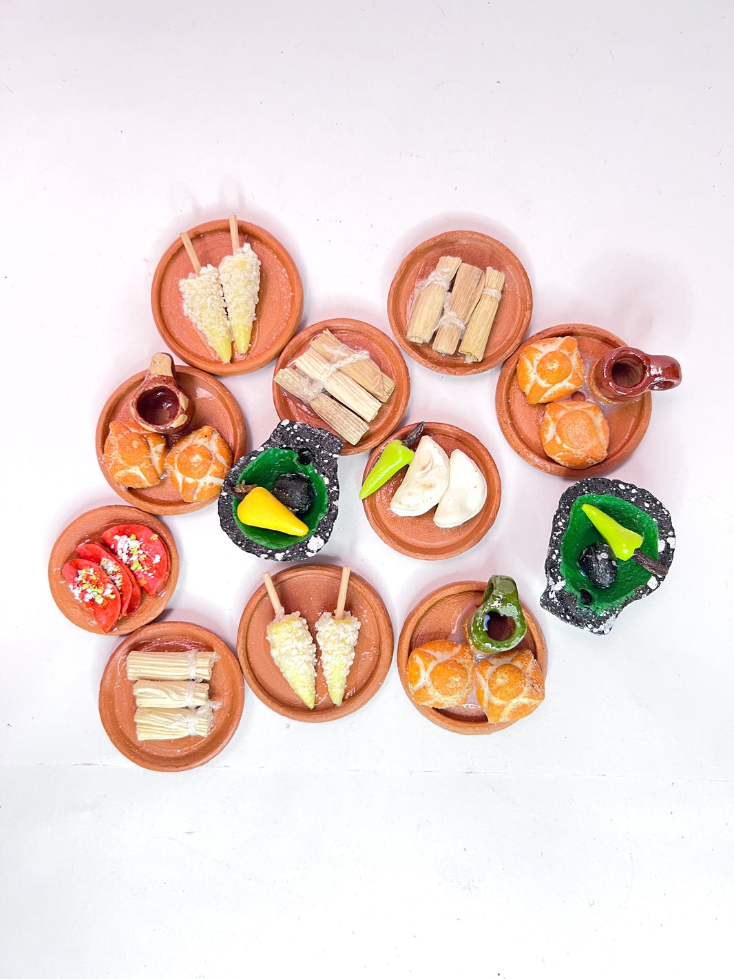Mini Mexican food dishes, 4 pack, tacos, pan dulce, fruit, tamales, day of the dead