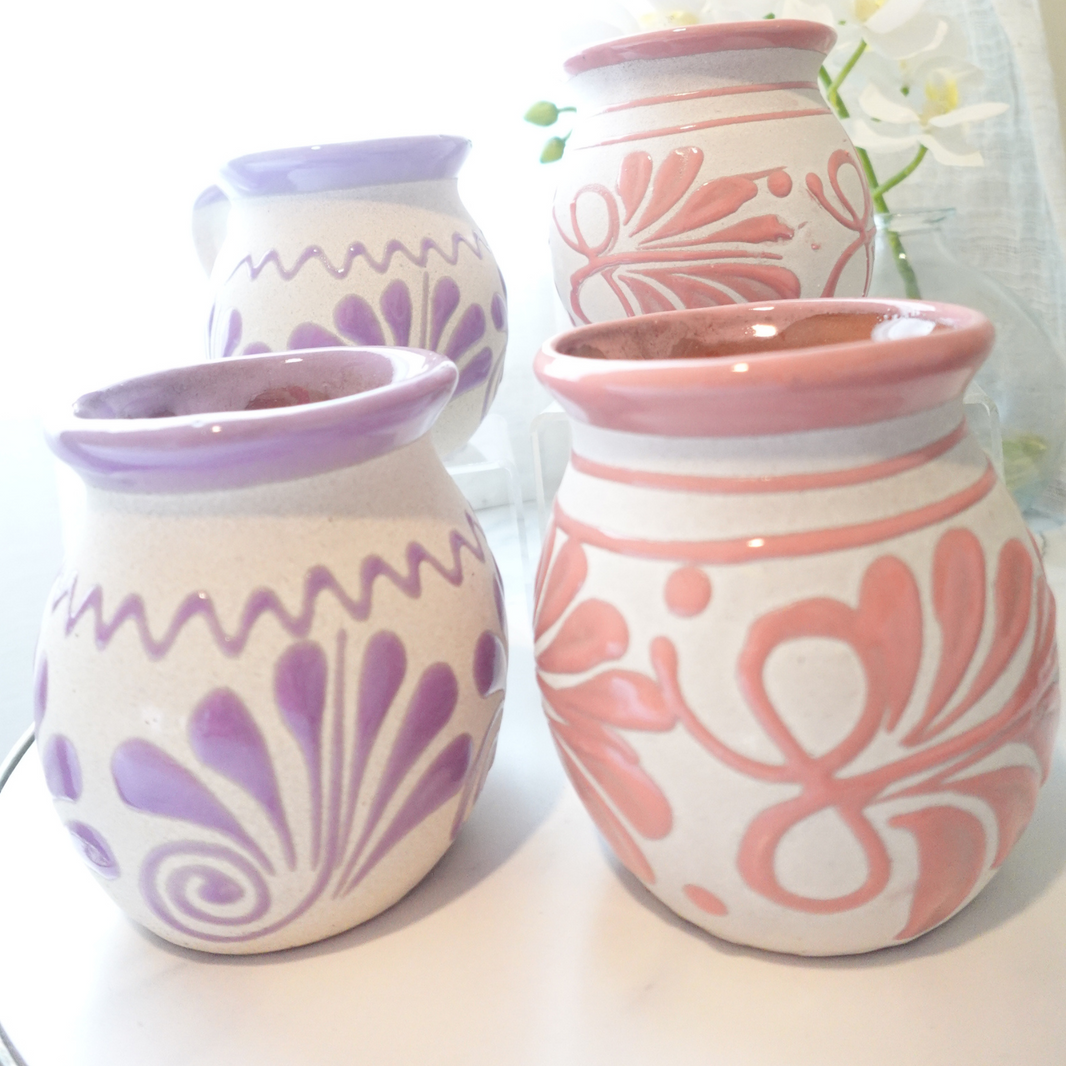 Pink and purple Mug set 2 or 4 Mexican coffee taza handmade clay, barro