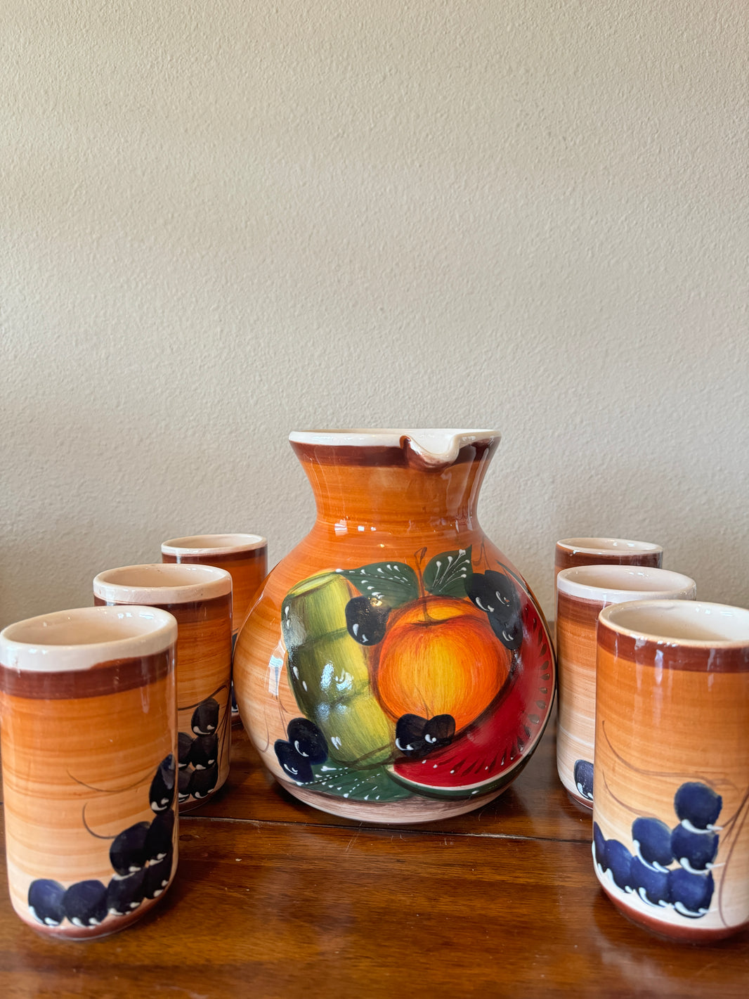 Mexican hand made pottery agua fresca jar and cup set, juego de jarra y vasos.