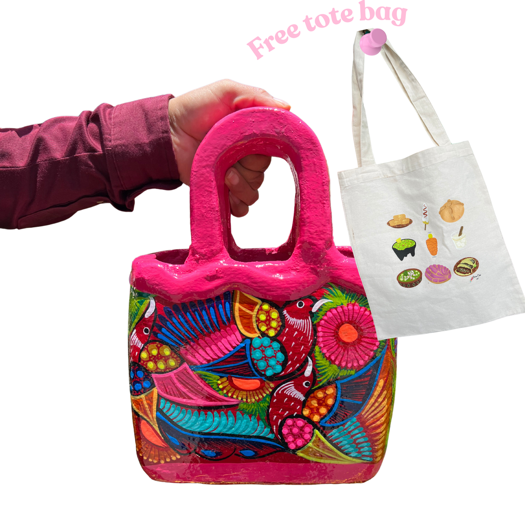 The Florero Clay Handbag - Mexican Barro Artisanal Creation 8x8 Inches with 3.9-inch Handle Unique Handpainted Design