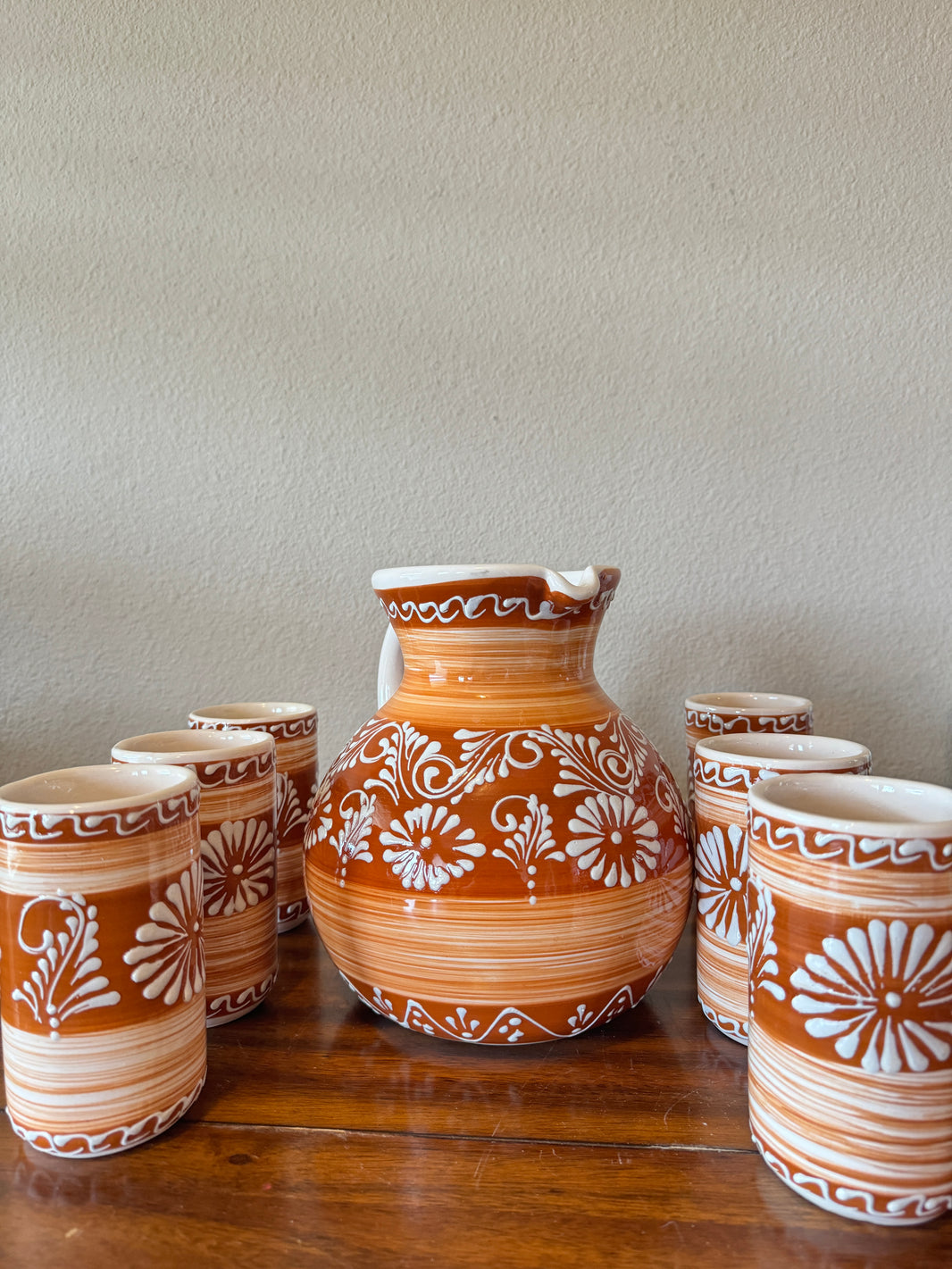 Mexican hand made pottery agua fresca jar and cup set, juego de jarra y vasos.