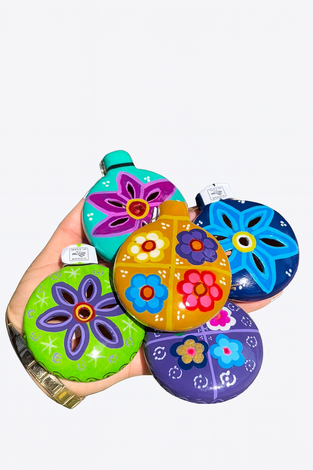 Handmade Mexican Ornaments Set of 5 Hand Painted Christmas Barro Clay