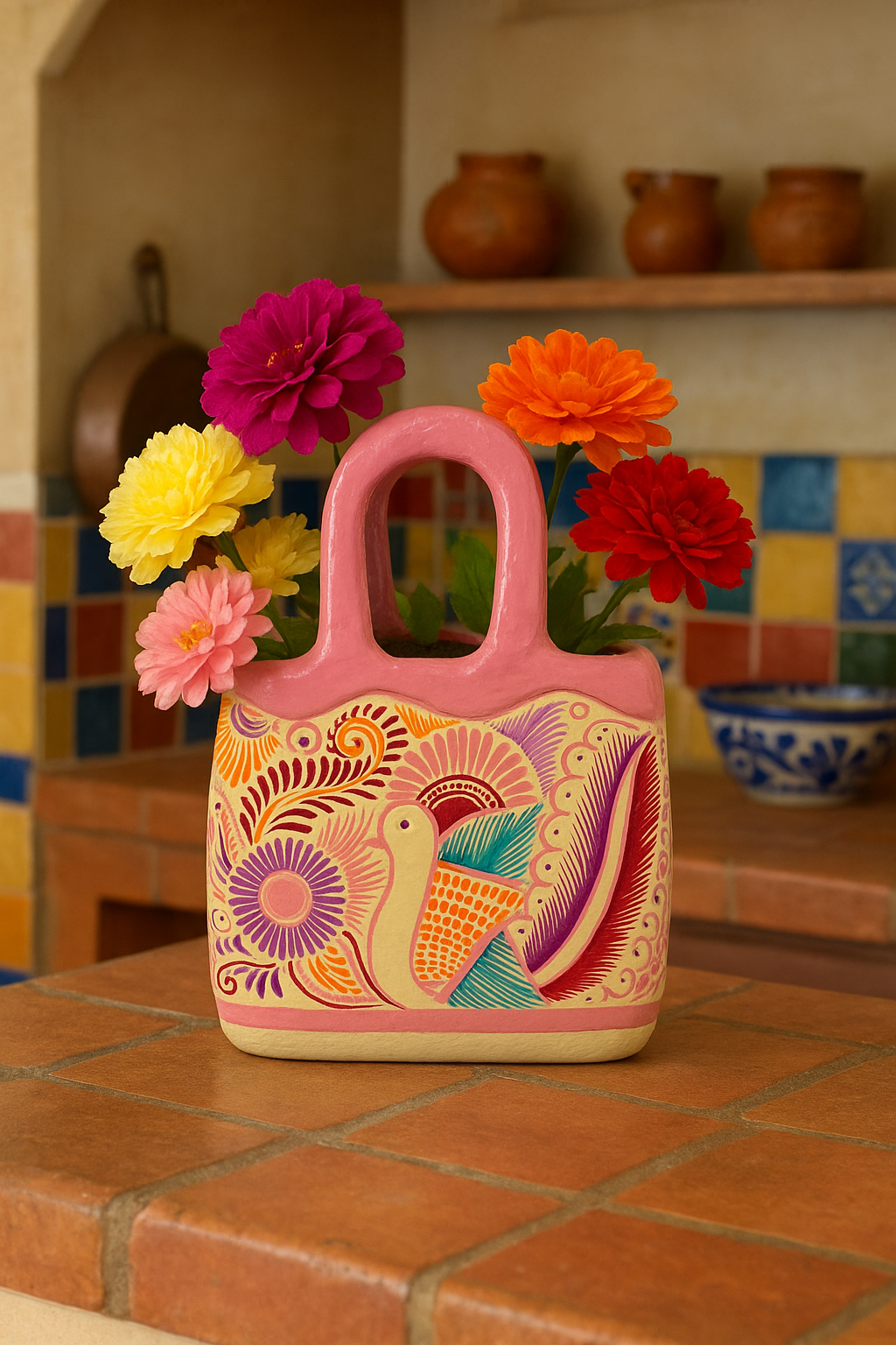 The Florero Clay Handbag - Mexican Barro Artisanal Creation 8x8 Inches with 3.9-inch Handle Unique Handpainted Design