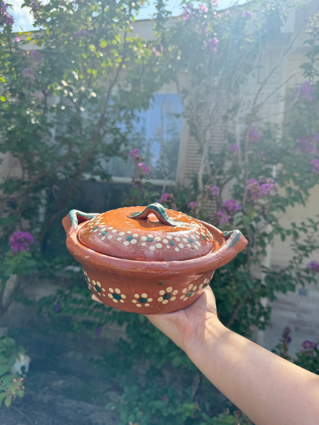 Handmade traditional small mexican 7” casserole with lid - cazuela de barro con tapa chica