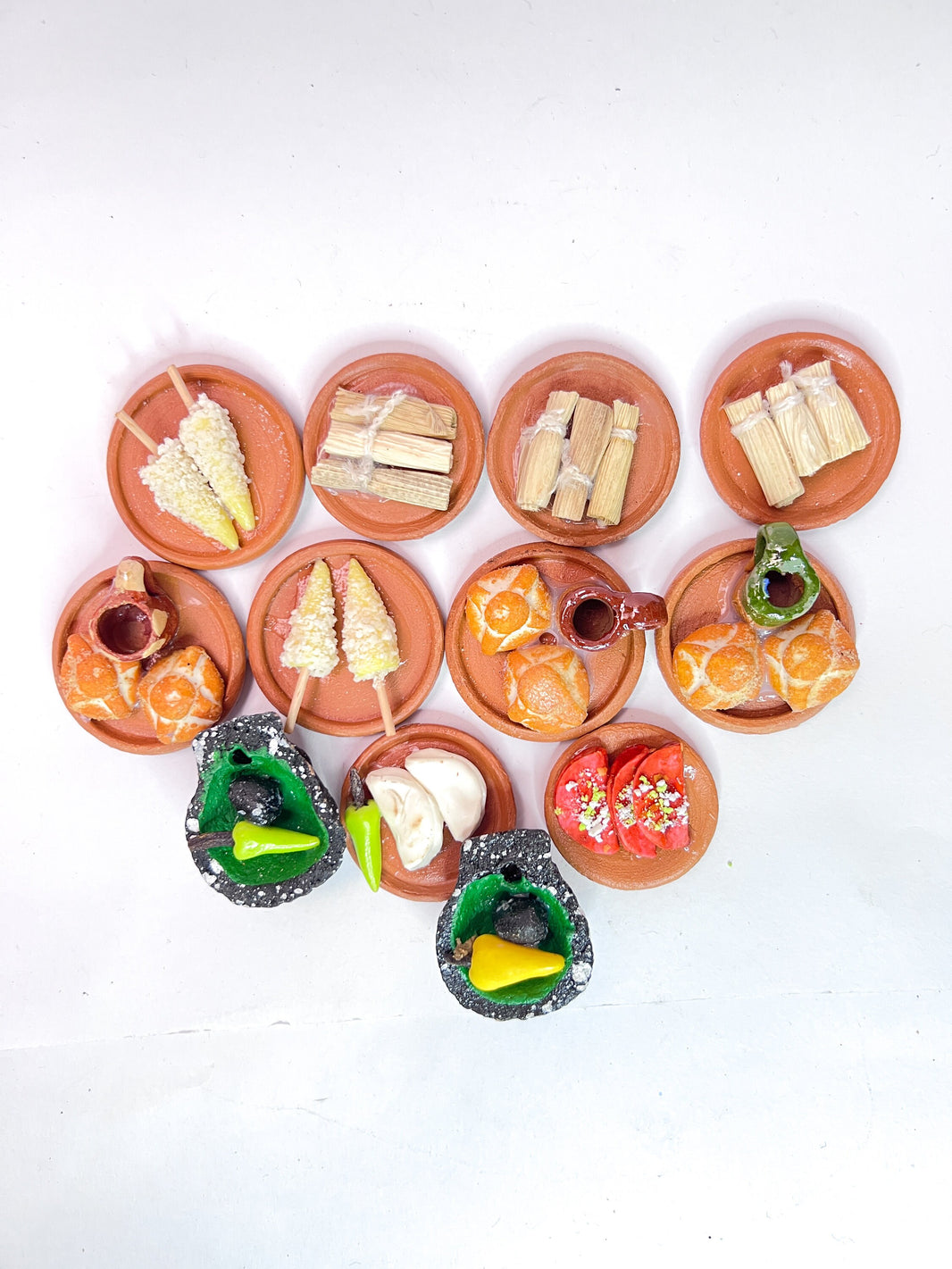 Mini Mexican food dishes, 4 pack, tacos, pan dulce, fruit, tamales, day of the dead