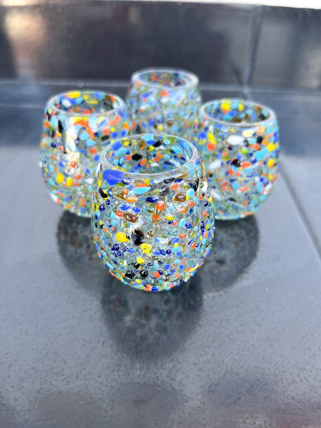 Blown glass Mexican shot glasess colorful confetti